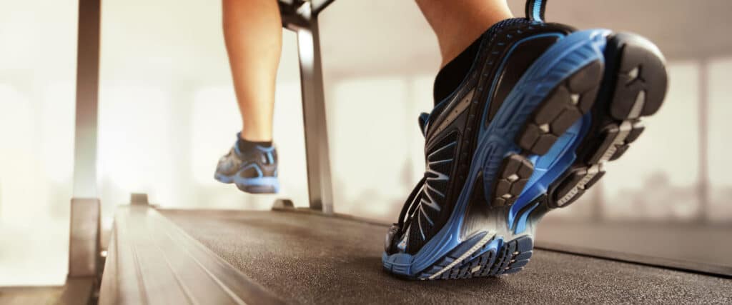 Running on treadmill wearing running shoes with rocker soles. Walking shoes and the 6 types of rocker soles.